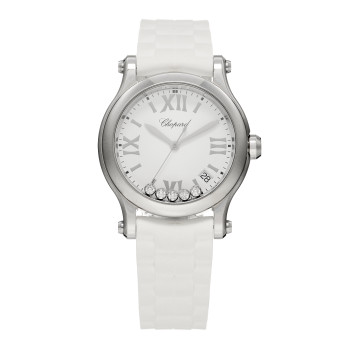 CHOPARD Stainless Steel Rubber 5 Diamond 36mm Happy Sport Quartz Watch White
