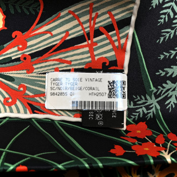 HERMES Silk Tyger Tyger Scarf 70 Black Beige Corail