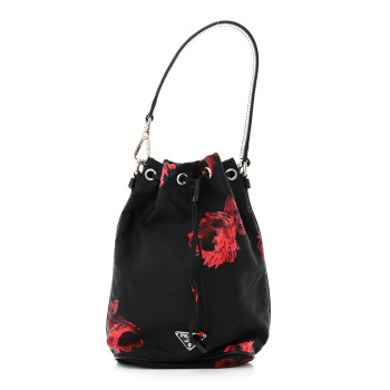 PRADA Tessuto Nylon Spazzolato Rose Print Bucket Bag Black Rosso