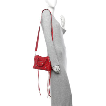 BALENCIAGA Agneau Classic Silver Hardware Mini City Logo Strap Red Black