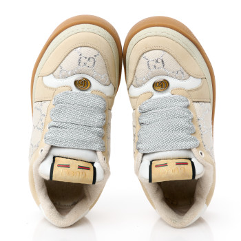 GUCCI Lame Canvas Nubuck GG Monogram Womens Screener 50mm Sneakers 35 Gardenia Silver Dusty Milk White Mystic White