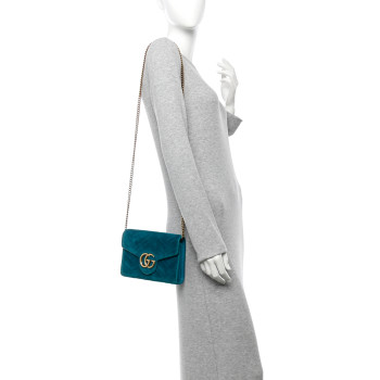 GUCCI Velvet Matelasse GG Marmont Chain Wallet Pavone Cyan