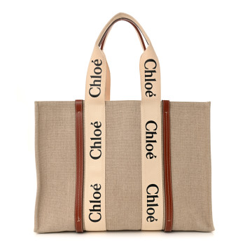 CHLOE Cotton Calfskin Large Woody Ribbon Tote White Brown