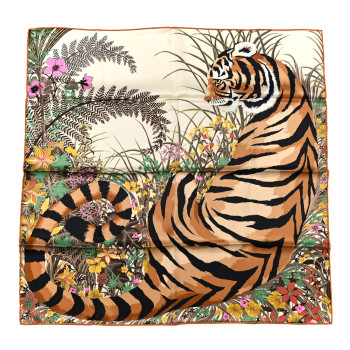 HERMES Silk Tyger Tyger Scarf 70 Beige Dore Orange Cuit Vert
