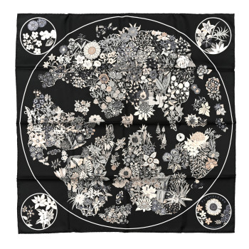 HERMES Silk Planifleurs Scarf 90 Black Gris Parchemin