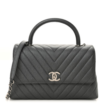 CHANEL Metallic Caviar Chevron Quilted Small Coco Handle Flap Dark Silver