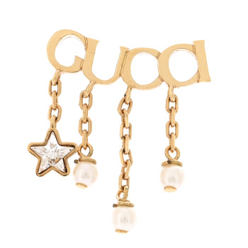 GUCCI Metal Crystal Pearl Script Drop Single Earring Gold