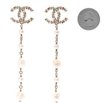 CHANEL Pearl Crystal CC Charm Drop Earrings Gold Pink Pearly White