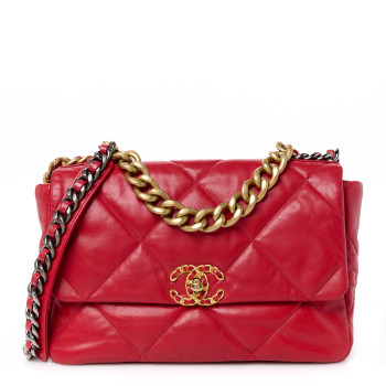 CHANEL Goatskin Quilted Large Chanel 19 Flap Red