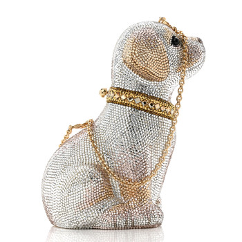 JUDITH LEIBER Crystal Luna Puppy Dog Minaudiere Clutch White Gold