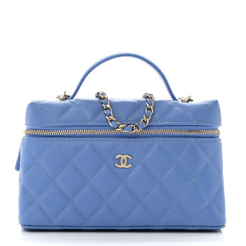 CHANEL Caviar Quilted Top Handle Slim Vanity With Chain Blue