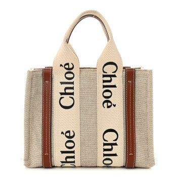 CHLOE Cotton Calfskin Small Woody Ribbon Tote White Brown