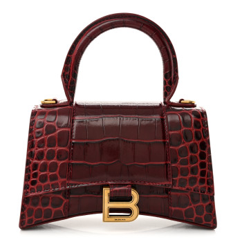 BALENCIAGA Shiny Calfskin Crocodile Embossed Hourglass Top Handle Bag XS Dark Red