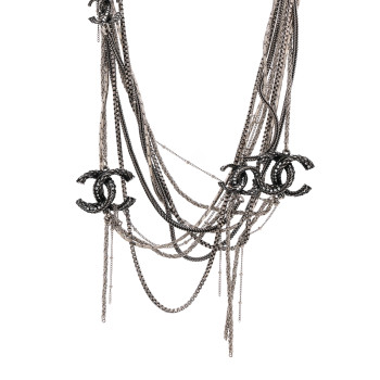 CHANEL Crystal CC Twisted Multi Strand Chain Necklace Silver
