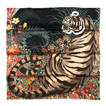 HERMES Silk Tyger Tyger Scarf 70 Black Beige Corail