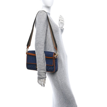 FENDI Denim Vitello King FF Embroidered Large Baguette Blue Cuoio
