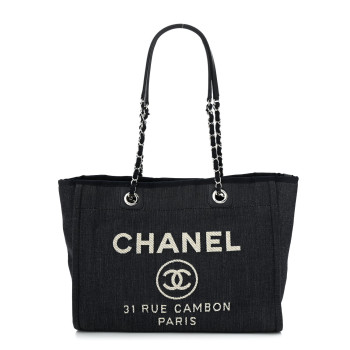 CHANEL Denim Small Deauville Tote Dark Blue White