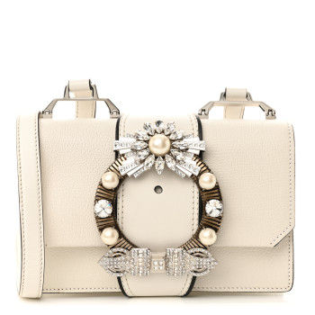 MIU MIU Goatskin Madras Soft Calf Crystal Embellished Shoulder Bag Bianco