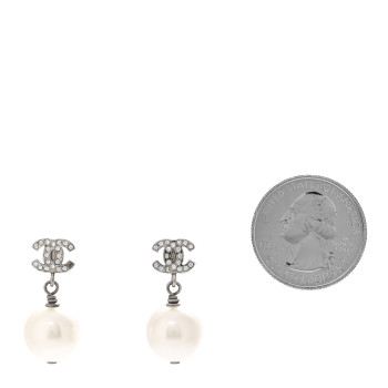 CHANEL Crystal Pearl CC Drop Earrings Silver Pearly White