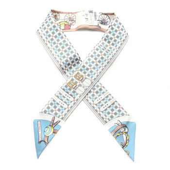 HERMES Silk Les Voitures Nouvelle Twilly Vert Amande Bleu Glacier