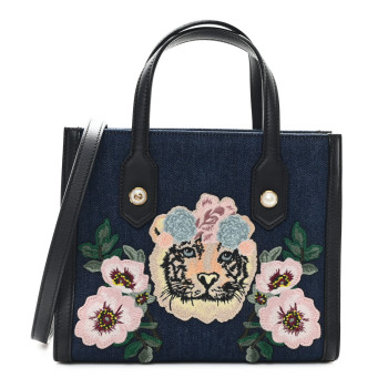 GUCCI Denim Embroidered Tiger Tote Blue Multicolor