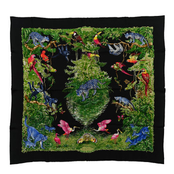 HERMES Silk Equateur Scarf 90 Black Vert Bleu