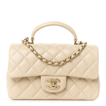 CHANEL Lambskin Quilted Mini Top Handle Rectangular Flap Beige