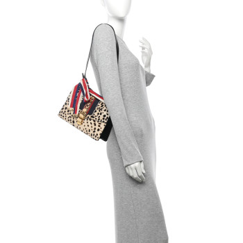 GUCCI Calf Hair Leopard Print Small Sylvie Shoulder Bag Naturale Black