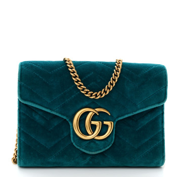 GUCCI Velvet Matelasse GG Marmont Chain Wallet Pavone Cyan