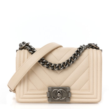 CHANEL Caviar Chevron Quilted Small Boy Flap Light Beige