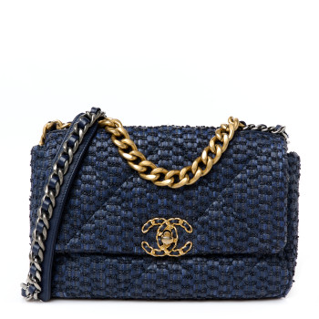 CHANEL Raffia Tweed Quilted Medium Chanel 19 Flap  Navy