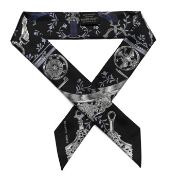 HERMES Silk Etriers Remix Twilly Black Ciel Argent