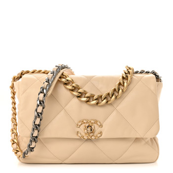 CHANEL Lambskin Quilted Large Chanel 19 Flap Light Beige
