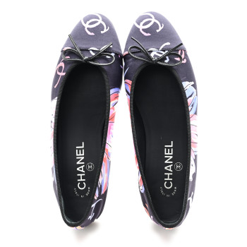CHANEL Printed Stretch Jersey Cap Toe Ballerina Flats 38 Black Multicolor