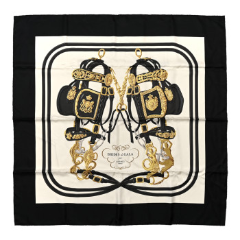 HERMES Silk Brides De Gala Scarf 90 Black Creme Gold