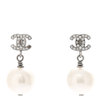 CHANEL Crystal Pearl CC Drop Earrings Silver Pearly White