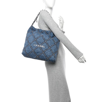 CHANEL Denim Quilted Stitched Small Chanel 22 Blue