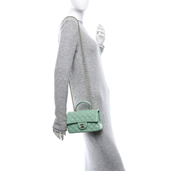 CHANEL Lambskin Quilted Mini Top Handle Rectangular Flap Light Green