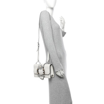 MIU MIU Goatskin Madras Soft Calf Crystal Embellished Shoulder Bag Bianco