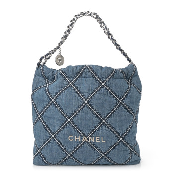 CHANEL Denim Quilted Stitched Small Chanel 22 Blue