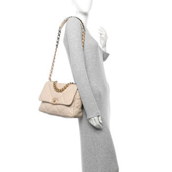 CHANEL Goatskin Quilted Large Chanel 19 Flap Light Beige