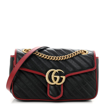 GUCCI Vintage Effect Calfskin Matelasse Diagonal Small Torchon GG Marmont Shoulder Bag Black Romantic Cherry