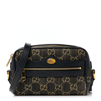 GUCCI Jacquard Black Denim GG Monogram Textured Dollar Calfskin Mini Ophidia Shoulder Bag Black Ivory