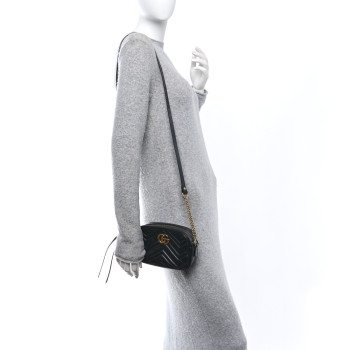 GUCCI Calfskin Matelasse Mini GG Marmont Chain Shoulder Bag Black
