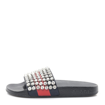 GUCCI Calfskin Crystal Embellished Web Slide Sandals 36 Blue Red