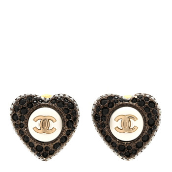 CHANEL Pearl Crystal CC Heart Earrings Gold Black