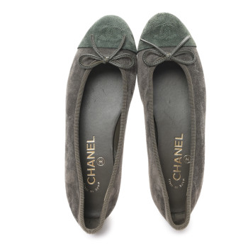 CHANEL Suede Cap Toe CC Ballerina Flats 36.5 Grey Green