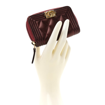 CHANEL Lambskin Quilted Boy Zip Around Coin Purse Wallet Burgundy