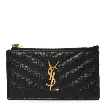 SAINT LAURENT Grain De Poudre Matelasse Chevron Monogram Fragments Zippered Card Case Black