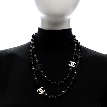 CHANEL Pearl Bead Enamel CC Long Necklace Silver Black Grey